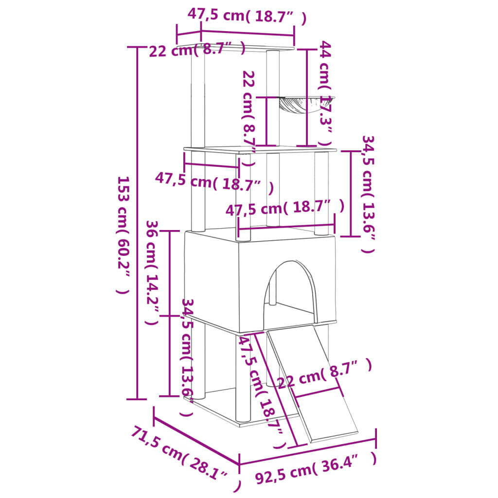 vidaXL Kissan kiipeilypuu sisal- raapimispylväillä kerma 153 cm