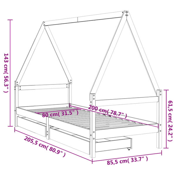 vidaXL Lasten sängynrunko laatikoilla musta 80x200 cm täysi mänty