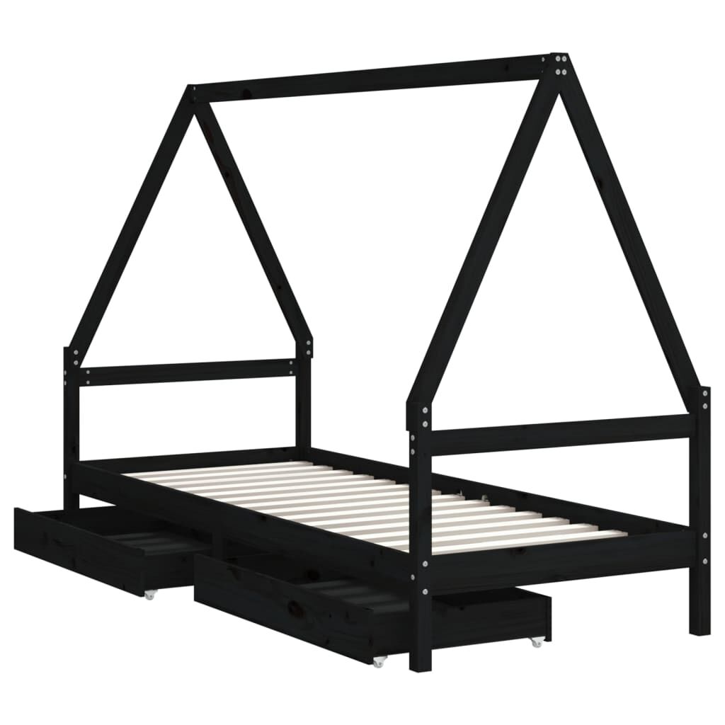 vidaXL Lasten sängynrunko laatikoilla musta 80x200 cm täysi mänty